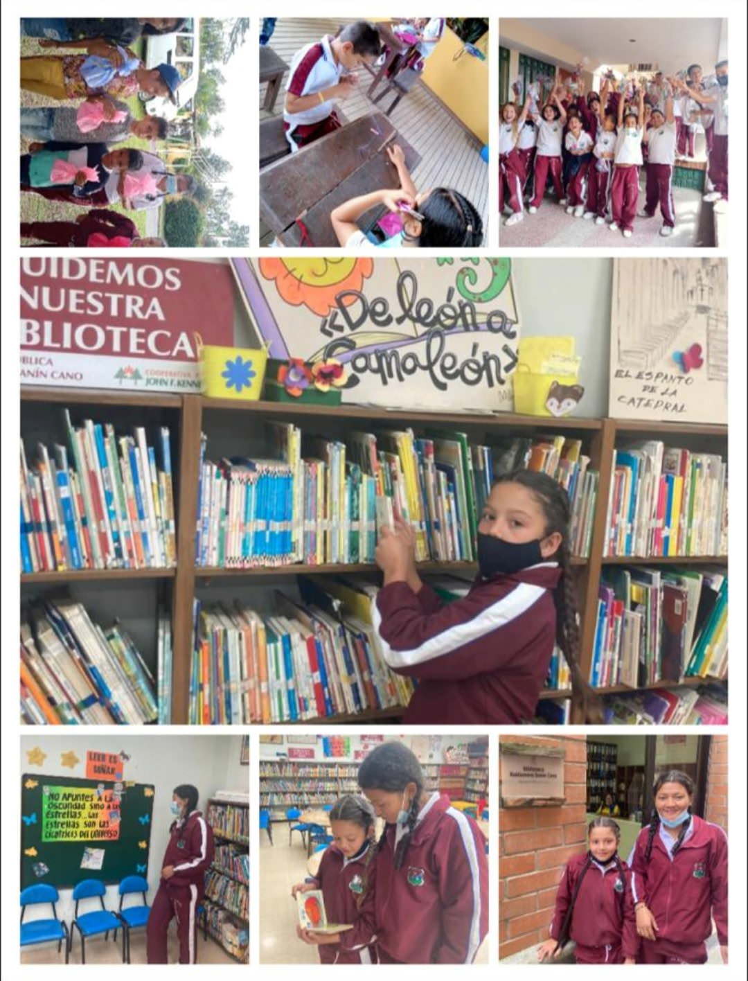 collage of children reading and playing at school