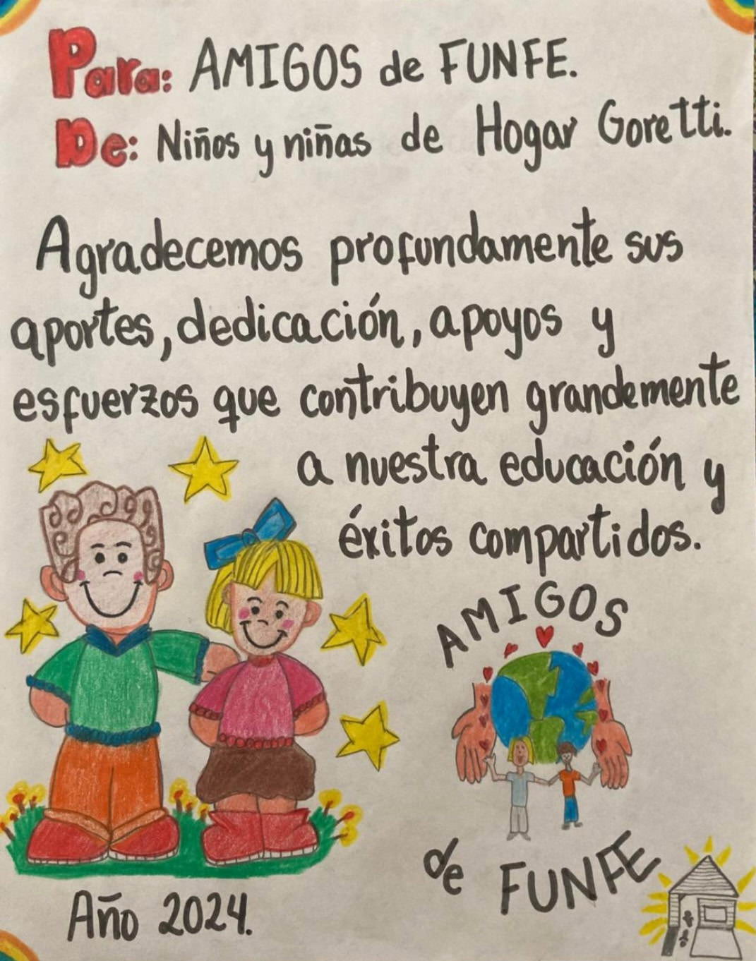 a thank you letter from the students of Hogar Goretti