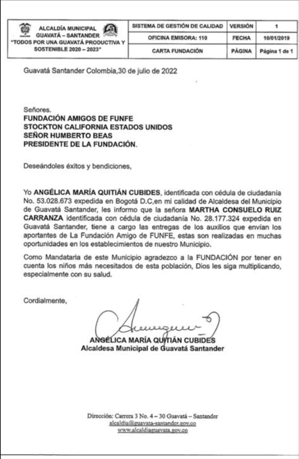 Amigos de Funfe letter
